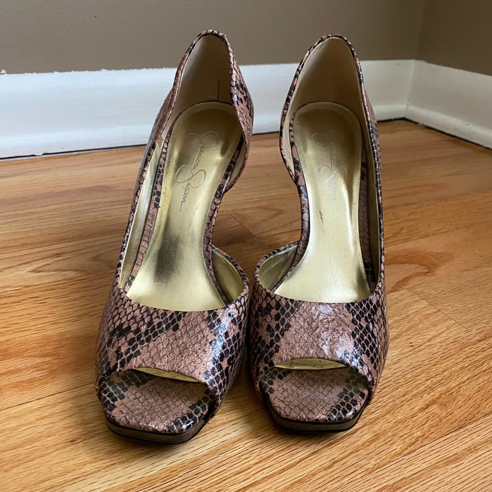 Jessica Simpson snake print peep toe heels